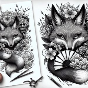 Fox head in black and grey, surrounded by flowers, clouds, and a pattern motif; Japanese-style tattoo design; project idea suitable for cover-up.
