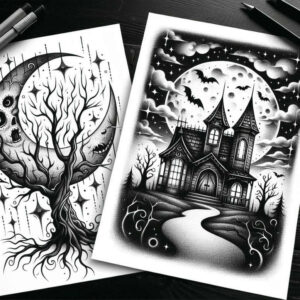 Two black and grey tattoo designs showing moon, tree, skull on left and haunted house under a full moon with clouds, road and bats on right; AI-generated tattoo project; suitable for cover-up.