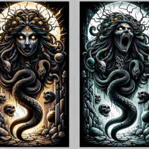Black-and-grey portrait of a dark goddess with coiling snakes, skulls, orbs, crystals, and shattered ground; cover-up-ready tattoo project.