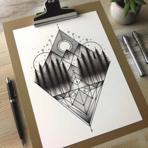 Diamond-shaped ink drawing of mountains and pine trees with a sun on white paper; black and grey tattoo design concept, not a cover-up.