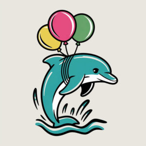 Dolphin leaping above teal waves with three balloons (pink, yellow, green) in bold color blocks; a tattoo design idea, suitable for cover-up with placement.