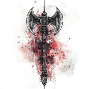 Black and grey double-edged battle axe with wrapped handle and red watercolor splatter; tattoo project idea, not a cover-up.