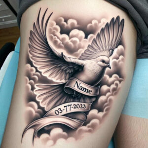 Black and grey tattoo of a white dove in flight among clouds, with a ribbon banner bearing a name and date; a concept design, ideal for cover-up.