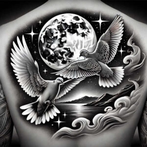 Two doves in black and grey above a moon over a lake with mountains and swirling clouds; AI-generated tattoo project; cover-up-ready.