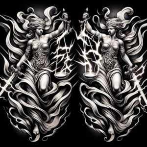 Two mirrored Themis-inspired goddesses in black and grey with lightning between them; project idea, suitable for cover-up.