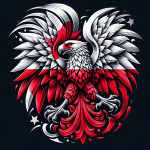 Eagle with outstretched wings in white, red, and black on a dark background; stars and swirling accents; black and grey shading; AI-generated tattoo project; suitable for cover-up.