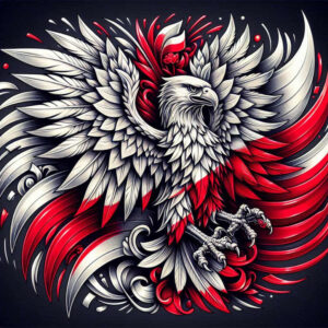 Eagle with outstretched wings in black and grey with red accents; pattern-filled feathers; project idea, suitable for a cover-up.