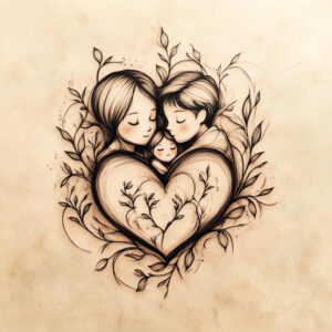 Mother, father, and baby inside a heart formed by black and grey vines in linework; a tattoo design idea, not ideal for cover-up.