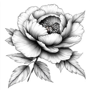 Flower in black and grey with leaves and a stem; fine-line tattoo project idea; not specifically designed for cover-up.