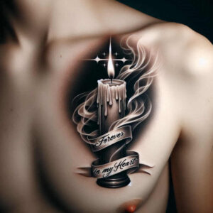 Chest tattoo of a lit candle with dripping wax and flowing smoke, wrapped by a ribbon reading Forever and in my Heart, rendered in black and grey on a dark background; a cover-up friendly tattoo project.