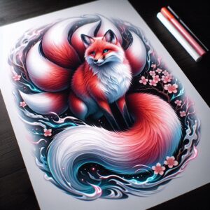 Fox with red-orange fur and white chest, blue-tinged tail accents, surrounded by pink cherry blossoms and cyan swirling lines; a vivid full-color tattoo design concept.
