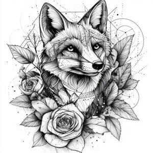 Fox head with roses and leaves in black and grey linework; AI-generated tattoo project; not specifically a cover-up.
