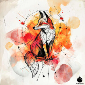 Fox in polygonal geometric style with orange-red fur and black outline, on a watercolor orange background with linework, circles and dots; AI-generated tattoo project; not a cover-up.
