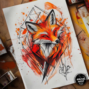 Fox on white paper with orange fur and black linework, geometric shapes and orange watercolor splashes; concept tattoo design; not for cover-up.