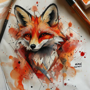 Fox head in orange, red, black, and grey with geometric polygon lines and watercolor splashes; tattoo design idea; cover-up suitable.