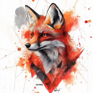 Fox head in orange, red, black and white with watercolor wash and geometric accents; AI-generated tattoo project concept; suitable for cover-up: no.