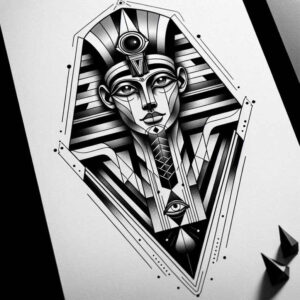 Black and grey geometric portrait inside a coffin-shaped frame with a stylized face, an eye motif, and angular diamonds; AI-generated tattoo project; suitable for cover-up.