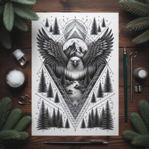 Black and grey tattoo concept on paper: eagle head with wings above mountains and trees in a geometric diamond frame; pencil nearby; AI-generated tattoo project.