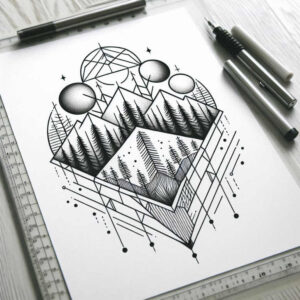 Black and grey geometric cube revealing mountains and pine trees, circles above, with lines and dots; AI-generated tattoo project concept, not specifically for cover-up.