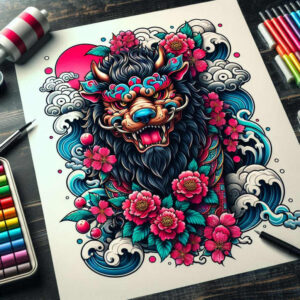Lion-dog portrait in black and blue fur with pink peony flowers, teal leaves, blue waves, and white clouds; AI-generated tattoo project; not specifically suitable for cover-up.