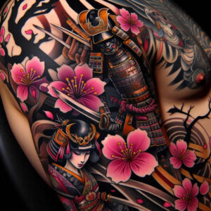 Samurai armor, katana swords, geisha portrait, pink cherry blossoms, branches, black and grey shading; full-color tattoo project; suitable for cover-up.