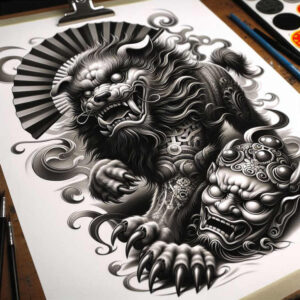 Shishi lion-dog, skull, and fan in black and grey; tattoo project, cover-up-ready.
