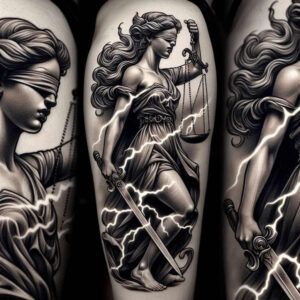 Themis-inspired black and grey tattoo design depicting a goddess with scales, sword, and flowing robes; project concept, cover-up suitable.