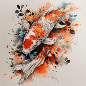 Koi fish in orange and grey watercolor with splash background; project idea; not suitable for cover-up; pattern.