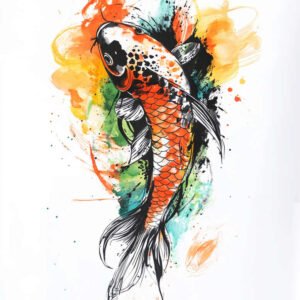 Koi fish tattoo design in orange, black and white with watercolor splashes; color project idea; cover-up: no.