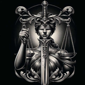 Black and grey tattoo concept showing a central sword with scales atop a regal helmet, AI-generated concept, cover-up ready.