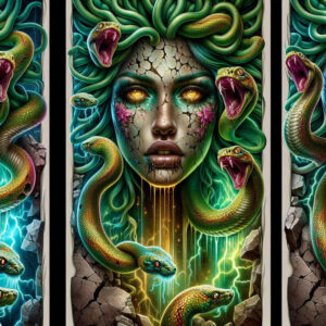 Medusa-inspired portrait in color: cracked skin, green snakes, pink flowers on cheeks, glowing yellow eyes, rocky frame; tattoo project; cover-up-ready.
