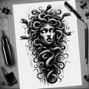 Medusa head with coiling snakes in black and grey ink; tattoo design idea; cover-up suitable.