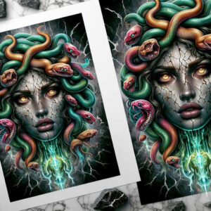 Face of Medusa with serpents in green, teal, orange, and red, cracked stone skin, glowing teal energy at the chest, set against a dark background; cover-up-ready tattoo concept.