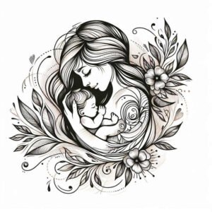Mother and baby in black and grey line art; a project tattoo design with floral leaves and swirling pattern; cover-up: no.
