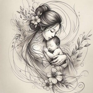 Mother, baby, flower, leaf in black and grey linework; a tattoo project, suitable for cover-up.
