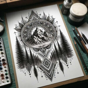 Mountains, circle, mandala, diamonds, trees; black and grey; project; suitable for cover-up.