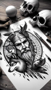 Odin-inspired black and grey tattoo design concept featuring a detailed line drawing of Odin within a circular knotwork mandala, with ornate runes; concept art.