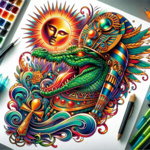 Colorful Sobek-inspired crocodile god tattoo featuring a pharaonic headdress, sun disc, and waves; full color; concept art.