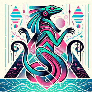 Colorful geometric Sobek crocodile tattoo concept in color, featuring a stylized crocodile with pyramids, waves, and circular accents; design idea; not optimized for cover-up.