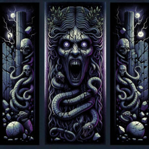 Three-panel black and grey tattoo design showing a screaming demon face with coiled snakes, flanking pillars, skulls, and orbs.