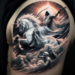 A white horse and hooded rider with a pistol and bow, skeletal figures in dark clouds, and a halo glow; black and grey tattoo design, AI-generated concept, cover-up project.
