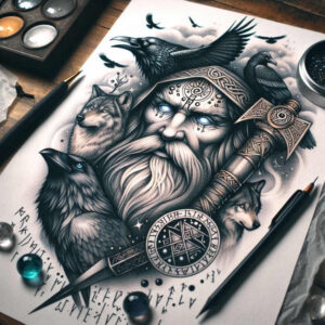 Odin-inspired black and grey tattoo design featuring Odin with helmet, beard, two ravens, a weapon and a circular rune medallion; black and grey project, ideal for cover-up.