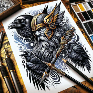 Odin-inspired warrior with ornate gold helmet, two ravens, and a decorative sword in black-and-grey with gold accents; tattoo design concept, cover-up suitable, pattern-rich.