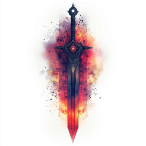 Sword with ornate blue-black blade and glowing red gem; cross-guard with geometric pattern, watercolor red-orange splash background; AI-generated tattoo project; not a cover-up.