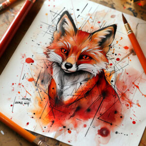 Fox portrait in orange-red watercolor with black and white fur details, on paper; geometric lines, pencil and brush visible; color study for tattoo.