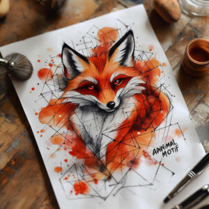 Fox with geometric lines, orange watercolor splashes on paper; black-gray shading; AI-generated tattoo project; not ideal for cover-up.