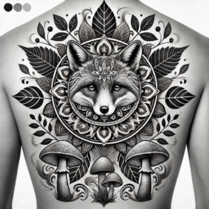 Wolf head centered in a black and grey mandala circle, surrounded by leaves and three mushrooms; tattoo project; cover-up-ready.