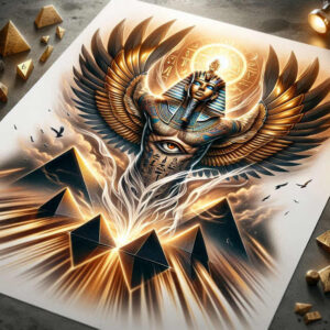 Colored Horus-inspired winged sun tattoo concept showing a falcon head, sun disk, radiant wings, halo, and crown on a white background; color tattoo idea, not a cover-up.