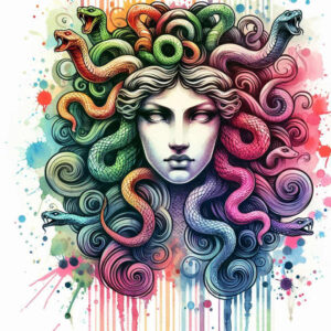 Woman portrait with rainbow snakes for hair, multicolor pattern, watercolor splashes; color tattoo design concept, AI-generated tattoo project, suitable for cover-up.