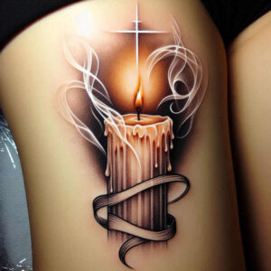 Colorful candle tattoo design with candle, flame, smoke, ribbon, and cross; color; project; not suitable for cover-up.